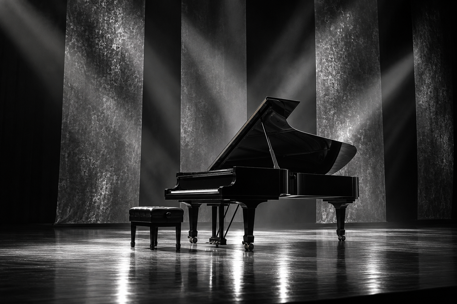 A complete grand piano on a concert stage with dramatic lighting, in black and white